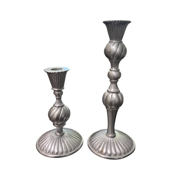 Mariposa Aluminum Candlestick Holder Set of 2 Silver Pluted Top - Picture 2 of 4